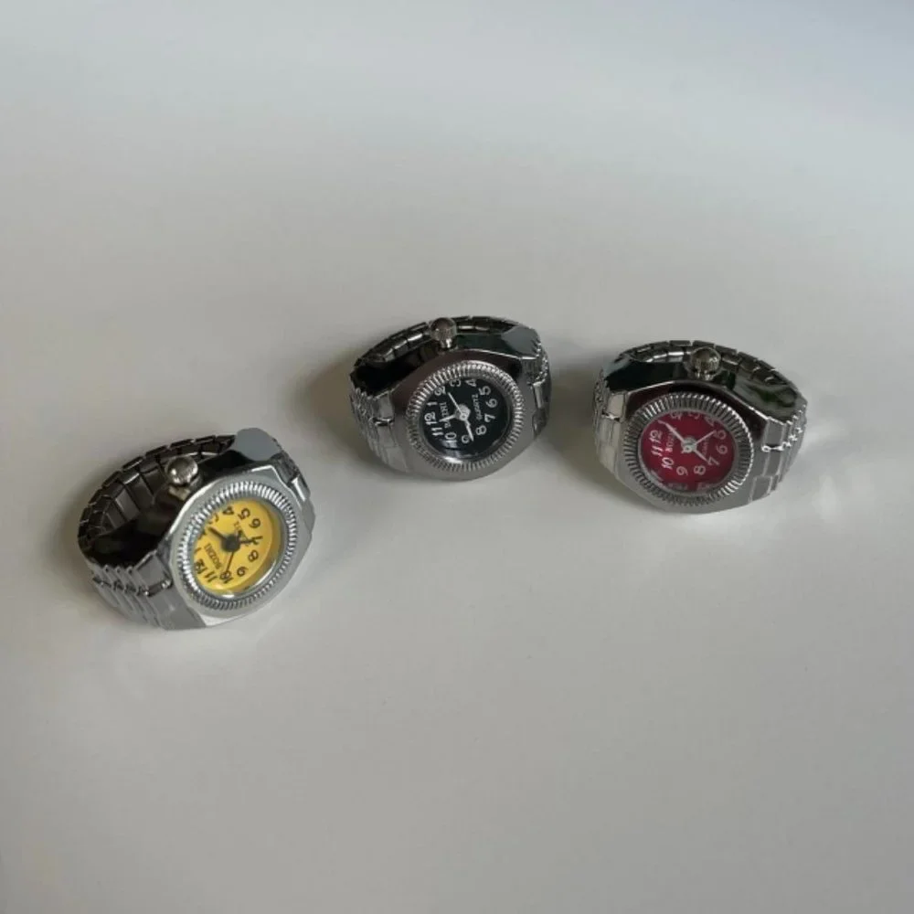 Y2K 2000s Vintage Retro Silver Tone Watch Ring with Round Face
